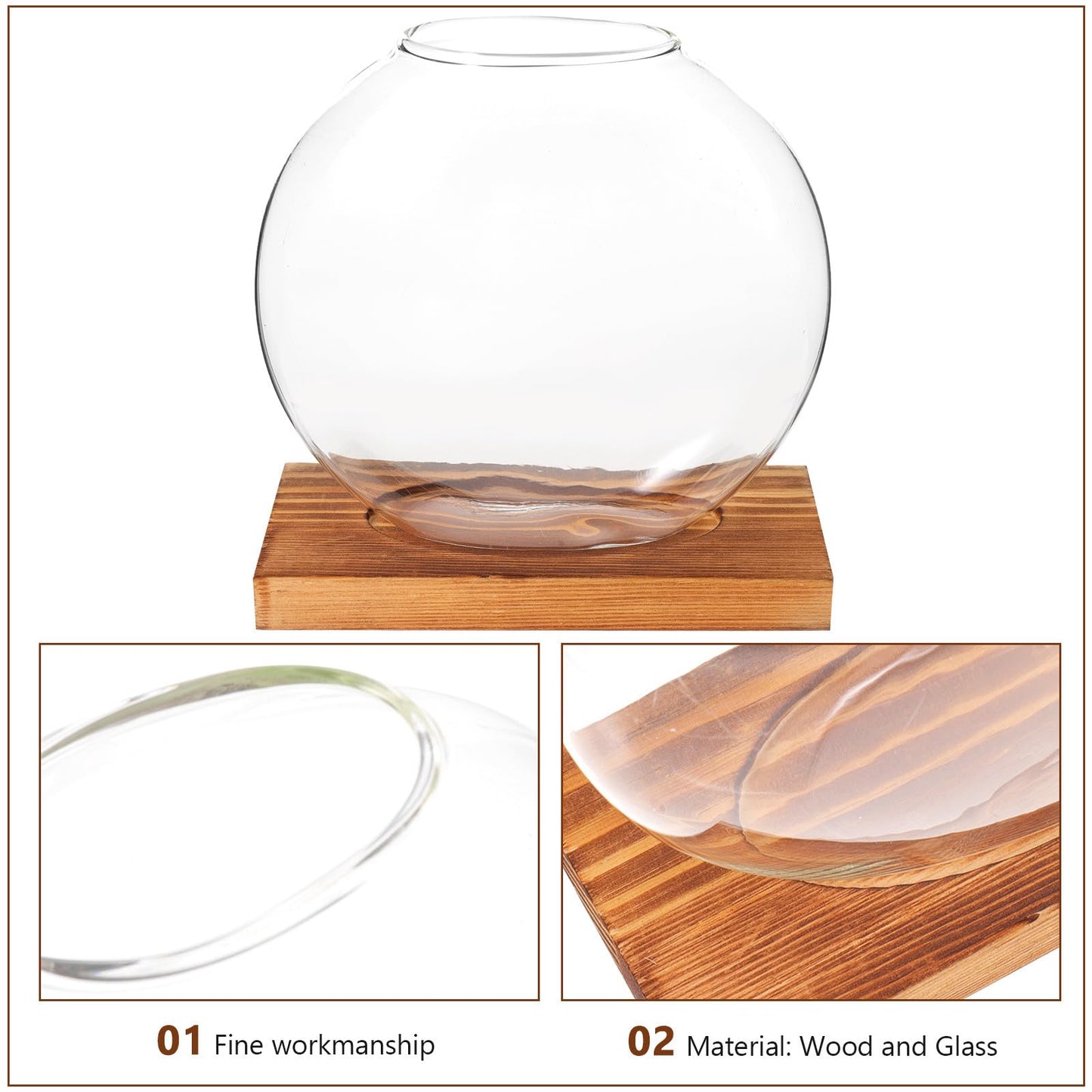 LALADEFIEE Desktop Glass Hydroponic Plant Vase with Retro Wood Base, Scindapsus Aureus Terrarium Planter for Office and Home Décor