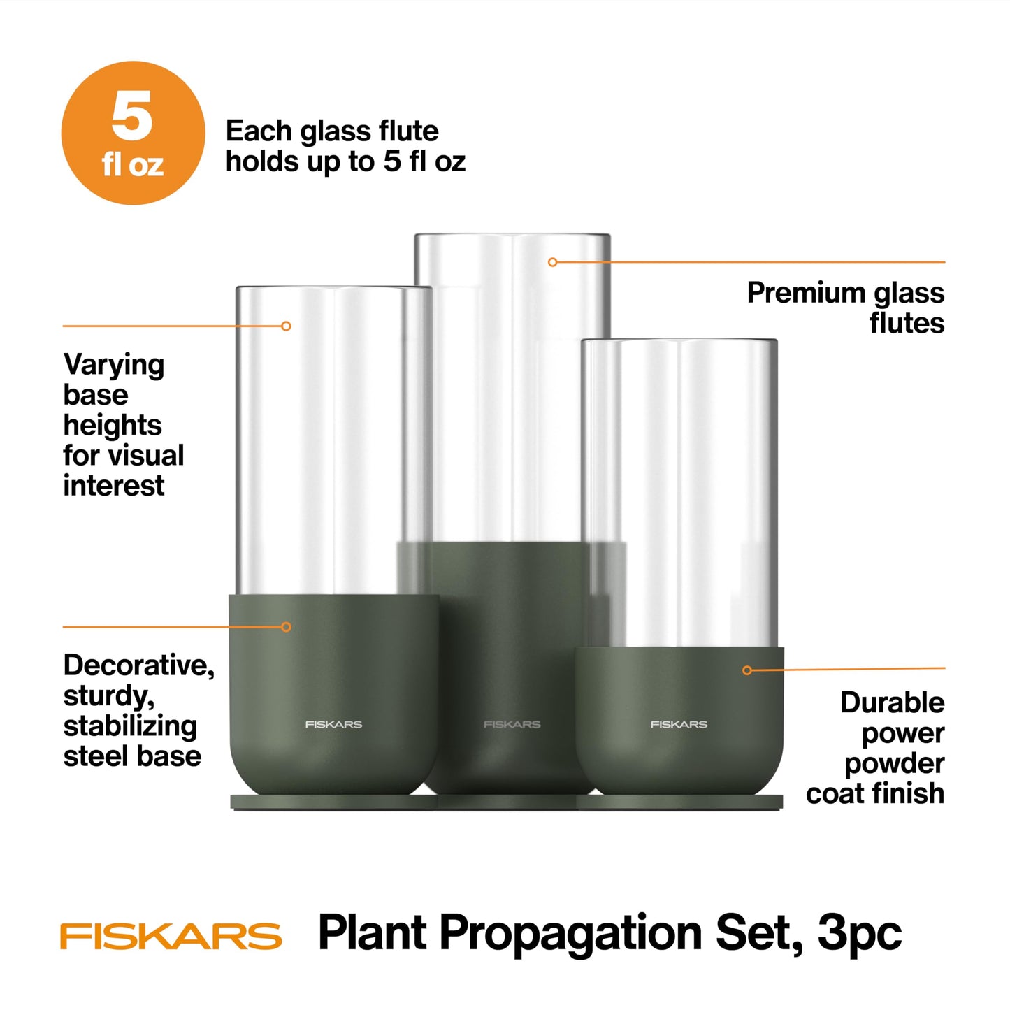 Fiskars Plant Propagation Set, Glass Vases with Metal Stands for Rooting Cuttings, Hydroponic System for Growing Plants in Water & Decorative Display for Indoor Garden Decor, 3 Pack, Clear