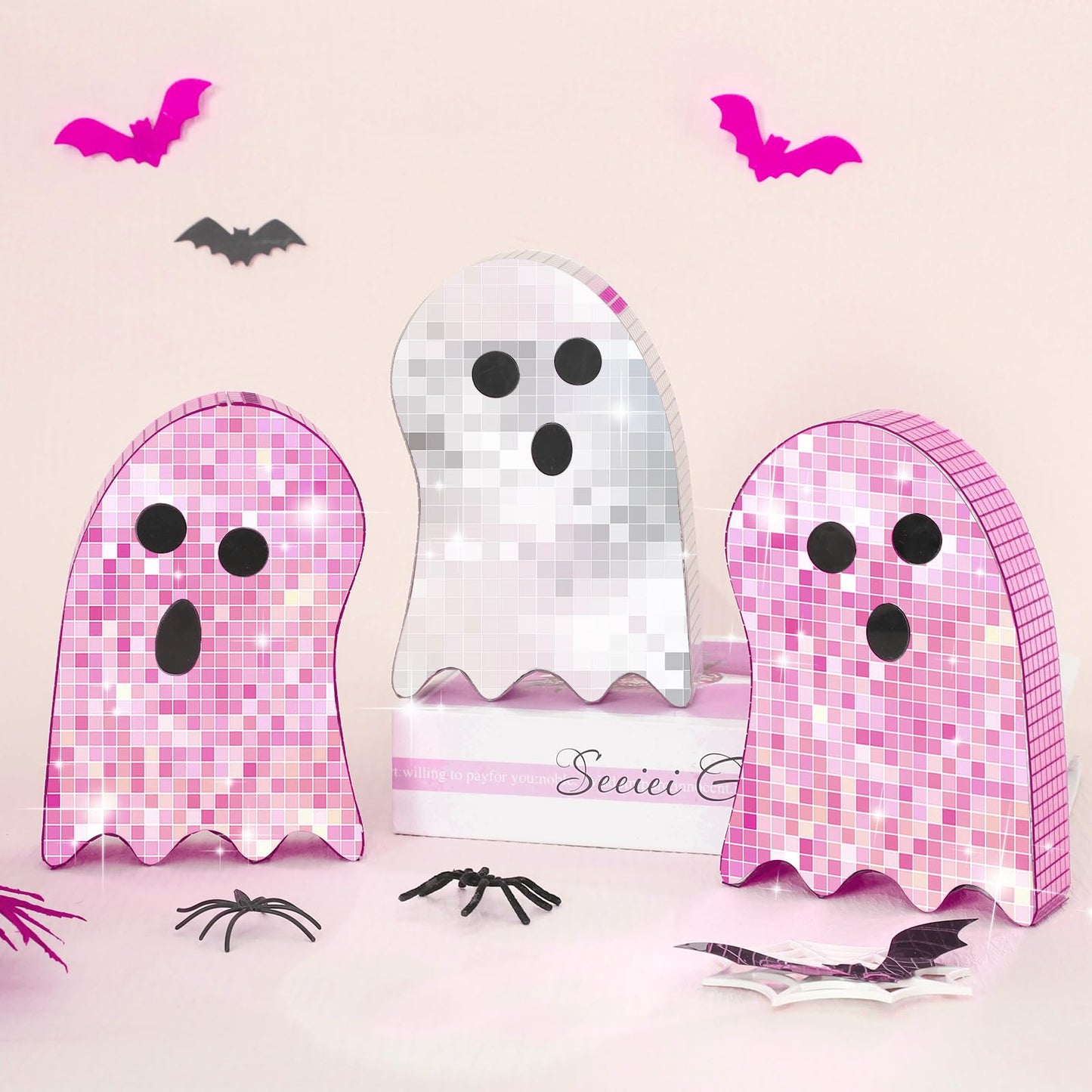FYSUIMU 3Pcs Halloween Disco Ghost Decor 6 Inch Pink Silver Ghost Disco Ball Table Centerpieces Mosaic Horror Tiered Tray Decoration for Home Party Favors Supplies