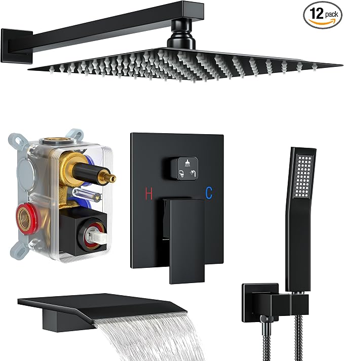 Matte Black Shower System with 12-Inch Rain Showerhead and Tub Spout | cUPC-certified pressure balance brass valve to prevent scalding, CEC-certified air injection technology for low pressure