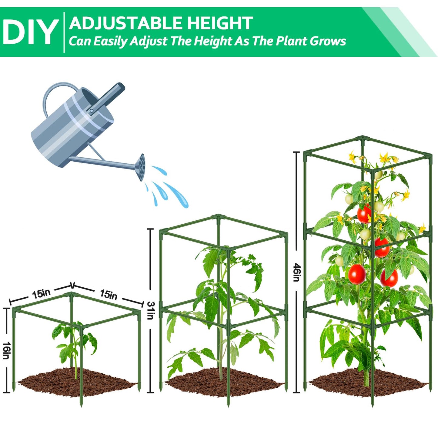 WLLEYAY 3 Pack Square Tomato Cages with 17 Gallon Grow Bags, 46'' Upgraded Heavy Duty Steel Garden Plant Support Stakes Kit, Flowers Vegetable Trellis for Vertical Climbing Plants Vines