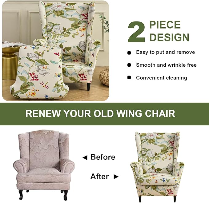 HAOYONG Wing Chair Slipcovers Printed Wingback Chair Covers 2 Pieces Wingback
