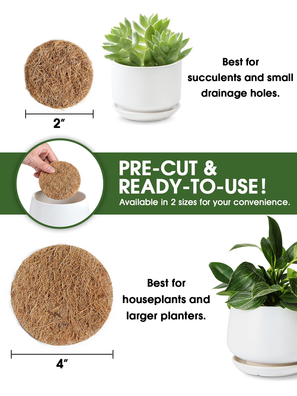 LE TAUCI Ceramic Plant Pots with 2 Inch Coconut Fiber Drainage Mesh Pad, Keeps Soil in Place and Improves Drainage for Indoor Plants