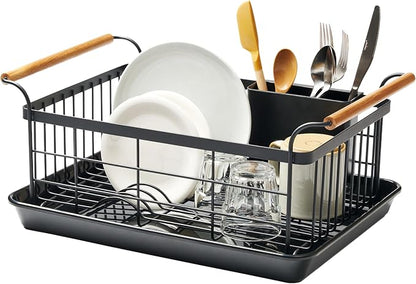 YAMAZAKI Home Dish Drying Rack – Modern Black Dish Rack for Kitchen Counter with Removable Drainer Tray and Cutlery Holder, Steel + Wood Dish Drying Organizer, Small Space-Saving Design