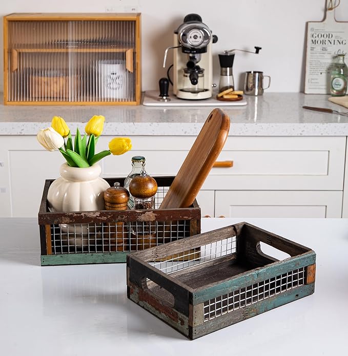TIMRIS Set of 2 Rustic Wooden Countertop Baskets, Farmhouse Distressed Nesting