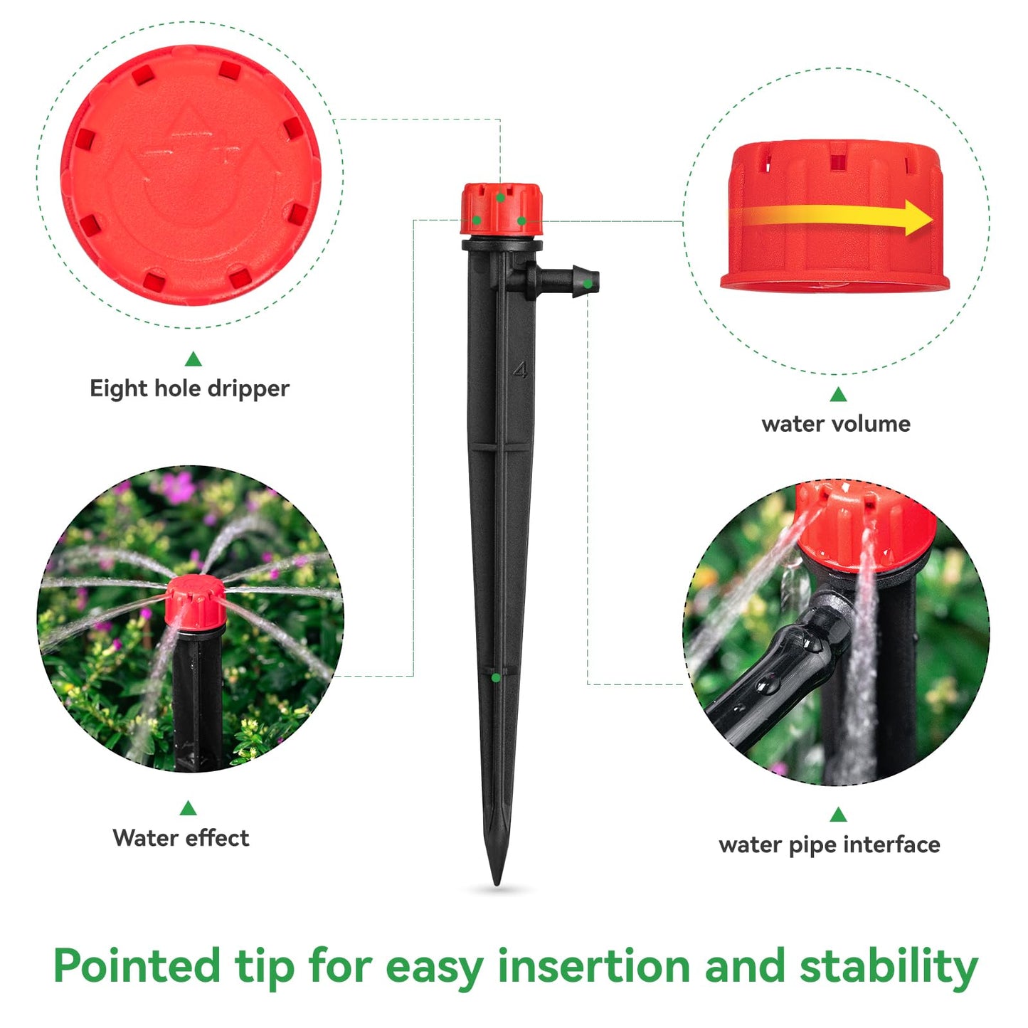 La Farah 50pcs Drip Emitters for 1/4" Drip Irrigation Tubing, Adjustable 360 Degree Water Flow Drippers on 5" Arrow Stake, Garden Irrigation Drippers for (4-7mm) Watering System