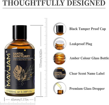 Santal Sanctuary Fragrance Oil Essential Oil, MAYJAM 3.38FL.OZ Santal Sanctuary Oil for Diffusers for Home, Long Lasting Scented Oils for Soap Candle Making - 100ML