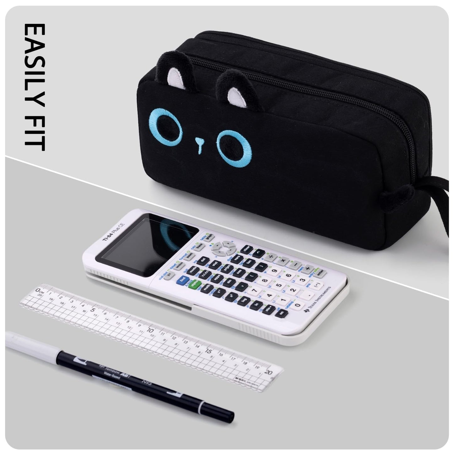 CICIMELON Cartoon Pencil Case, Large Capacity Pen Pouch with Embroidered Animal Design, School Supplies Bag for Kids, Teens, Students (Black Cat)