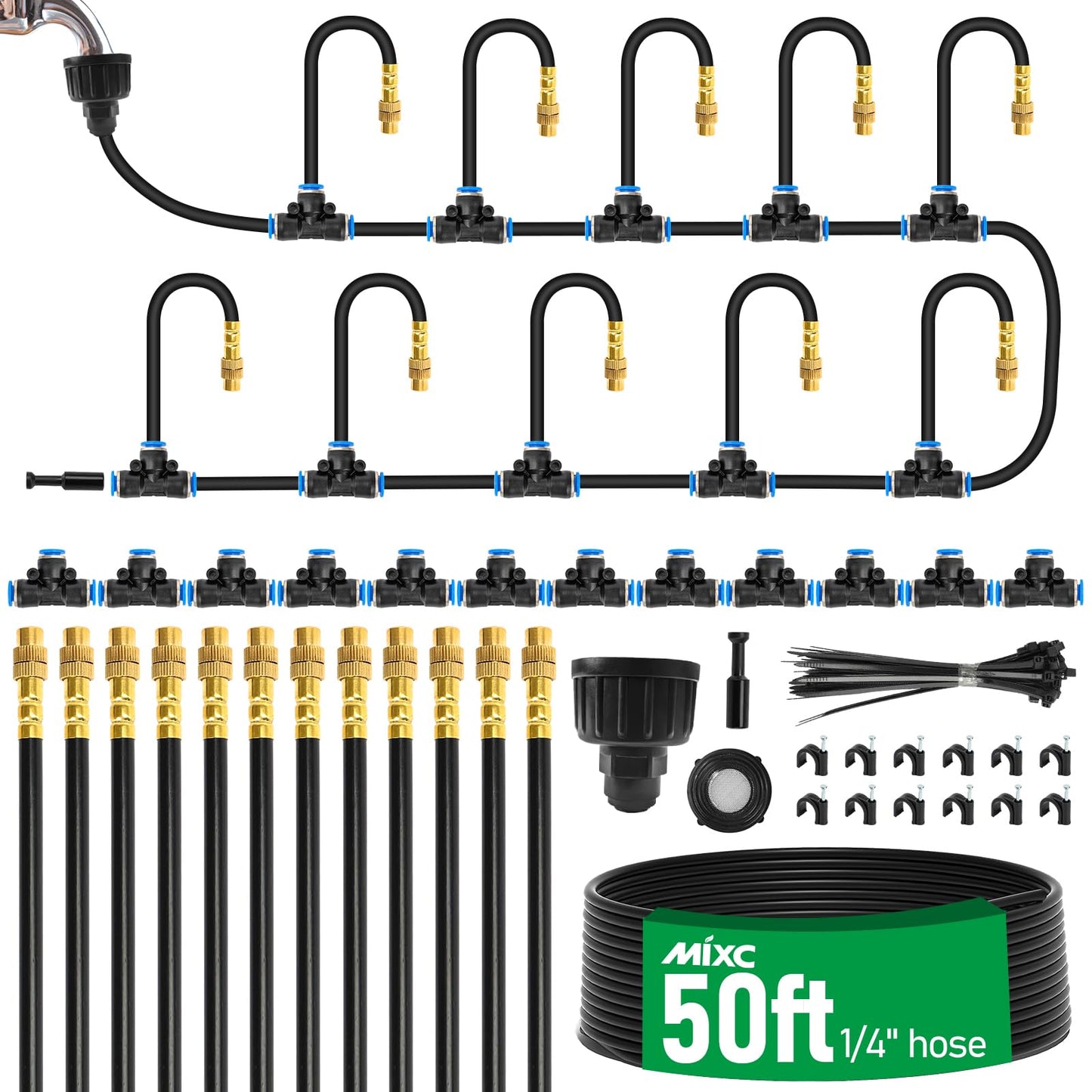 MIXC 50Ft 1/4" Drip Irrigation System,2026-Upgrade Garden Irrigation Kit with 12pcs Adjustable Copper Nozzles,Automatic Atomizing Watering System for Outdoor Plants,Raised Bed,Yard,Potted Plant,Lawn