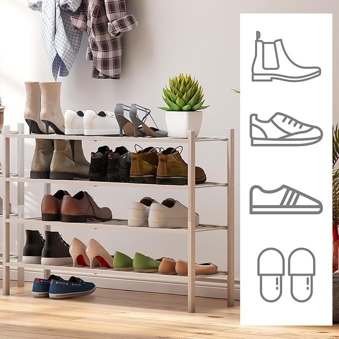 viewcare White 4-Tier Long Shoe Rack, Bamboo Wood