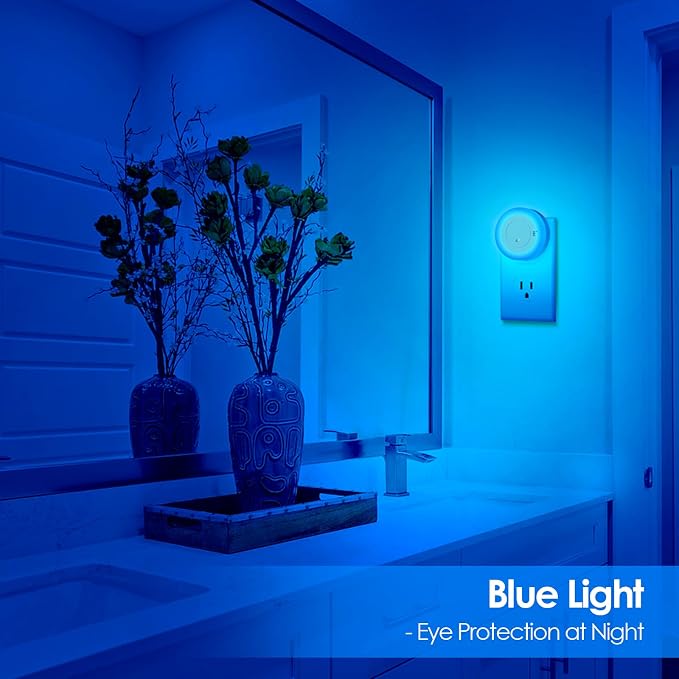 FOLKSMATE LED Night Light, Dimmable Plug-in Dusk to Dawn Sensor Hallway Lights, Smart Nightlight for Bathroom, Bedroom, Adults & Kids Room, Kitchen, Stairway, Blue, 2-Pack