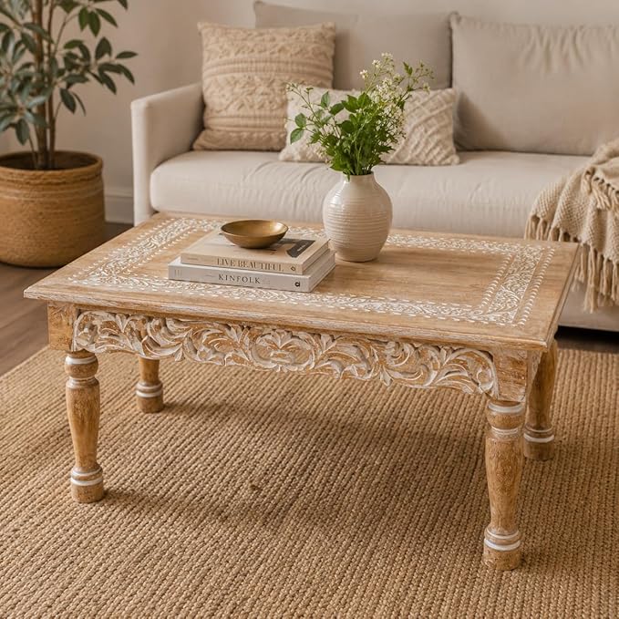 Rectangular Wooden Coffee Table 36x24x18 Inch – Beige Finish
