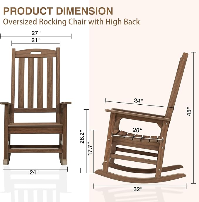 Psilvam Outdoor Rocking Chair, Poly Lumber Oversized Rocking Chair