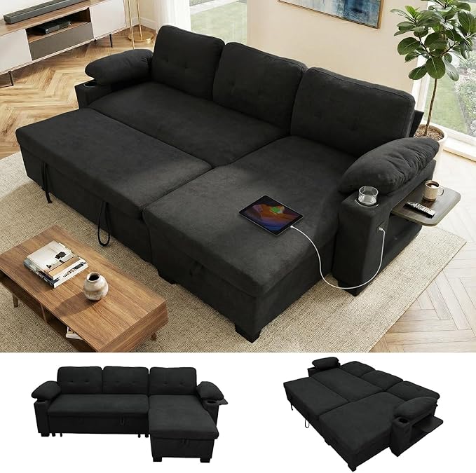 KCGKCG 93" L Shaped Sleeper Sofa Bed, Pull Out Sectional Couch