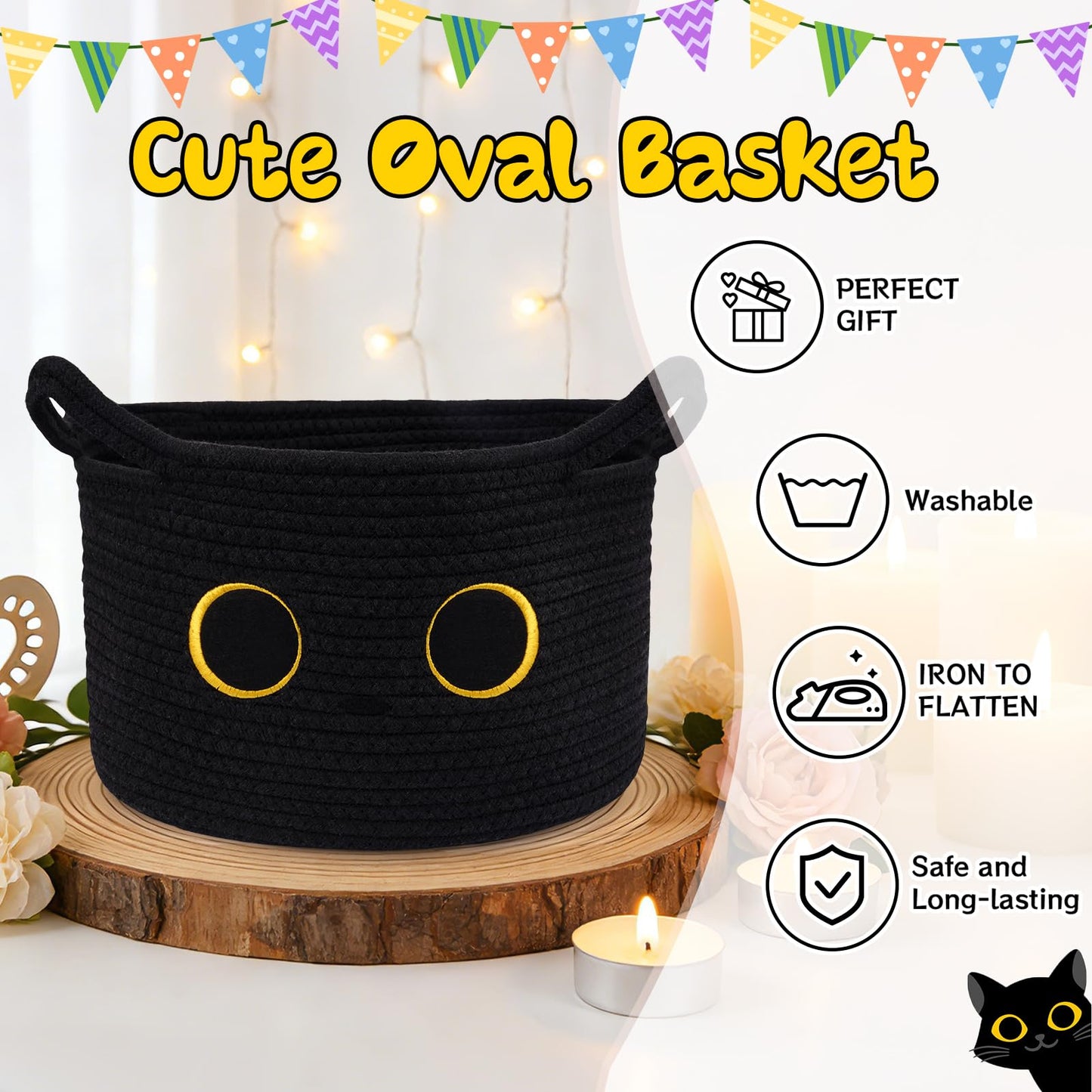 Hkojewp Cute Cat Toy Basket, Large Cotton Rope Toy Bin Box for Cats Bin, Oval Baby 0rganize Blanket Shower Hamper with Handles, Decorative Storage Cat Bin, Halloween Decor,13"D x 8"H in