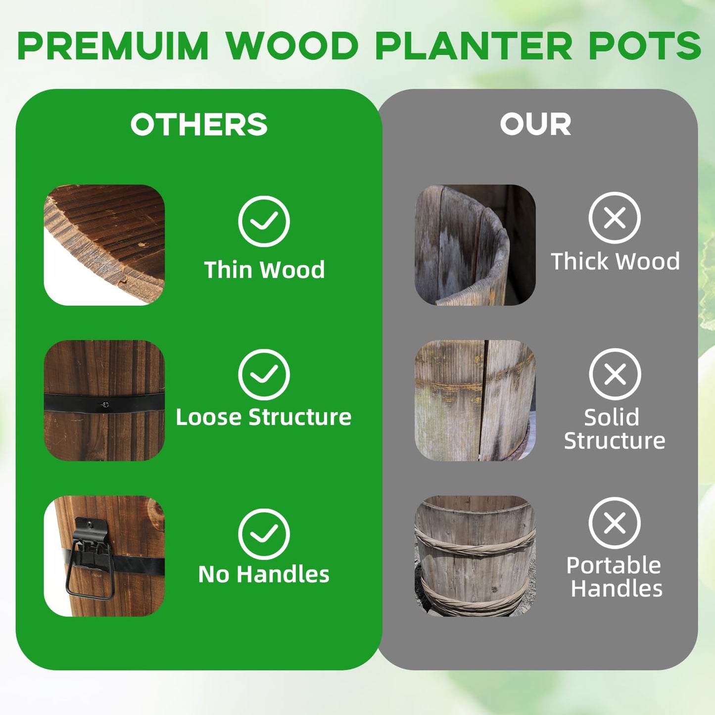 Hlimior 4 Pcs Wooden Whiskey Barrel Planters, Wooden Flower Planters Pots Boxes with Metal Handles 4 Sizes Planting Wood Buckets Christmas Tree Pot for Indoor Outdoor Garden Home Plants
