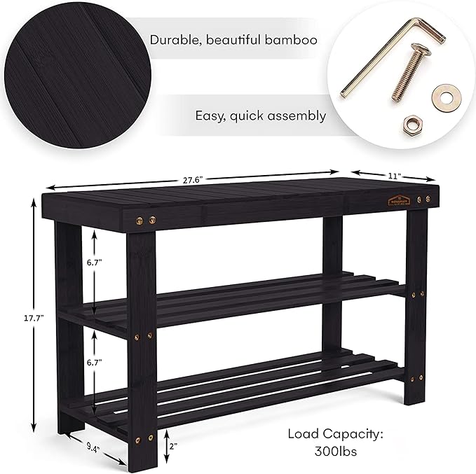 Homemaid Living Bamboo 3 Tier Shoe Rack Bench, Premium Shoe Organizer or