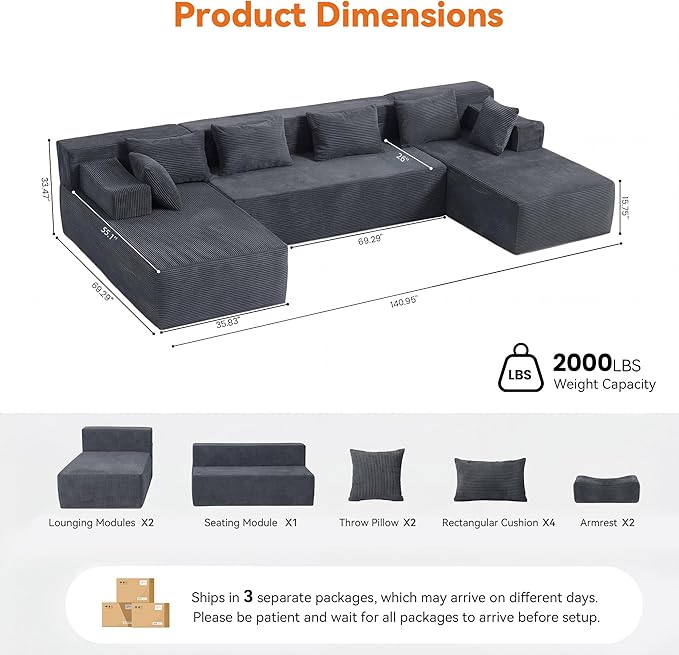 MONVANE 141" U Shaped Cloud Sectional Couch