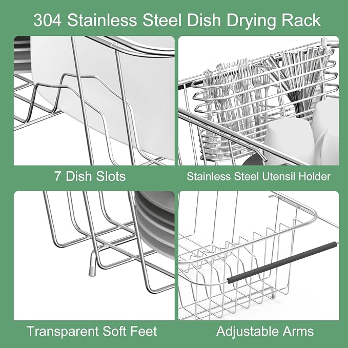 JAQ Over Sink Dish Drying Rack for Small Sink, Compact Expandable 14.25"–22.44", Adjustable 304 Stainless Steel Dish Drainer with Utensil Holder, Space Saving for Small Kitchen
