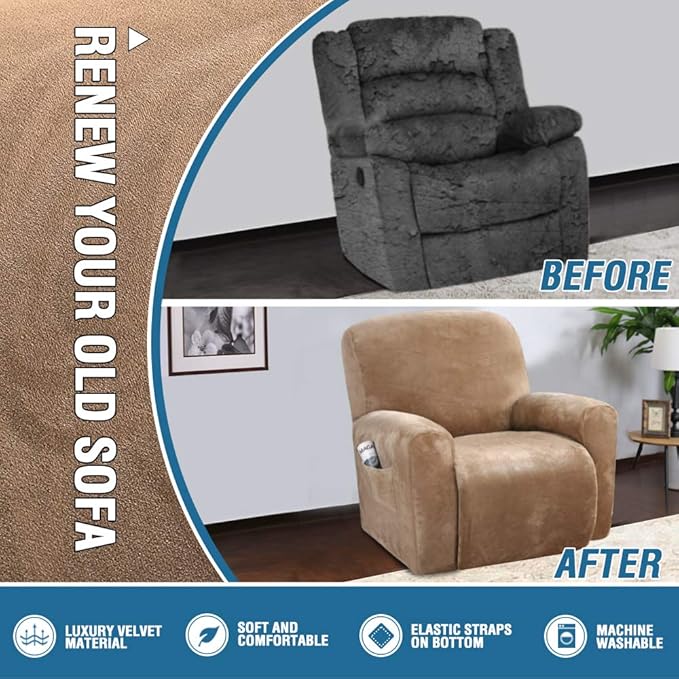 H.VERSAILTEX Velvet Stretch Recliner Couch Covers 4-Pieces Style Recliner Chair