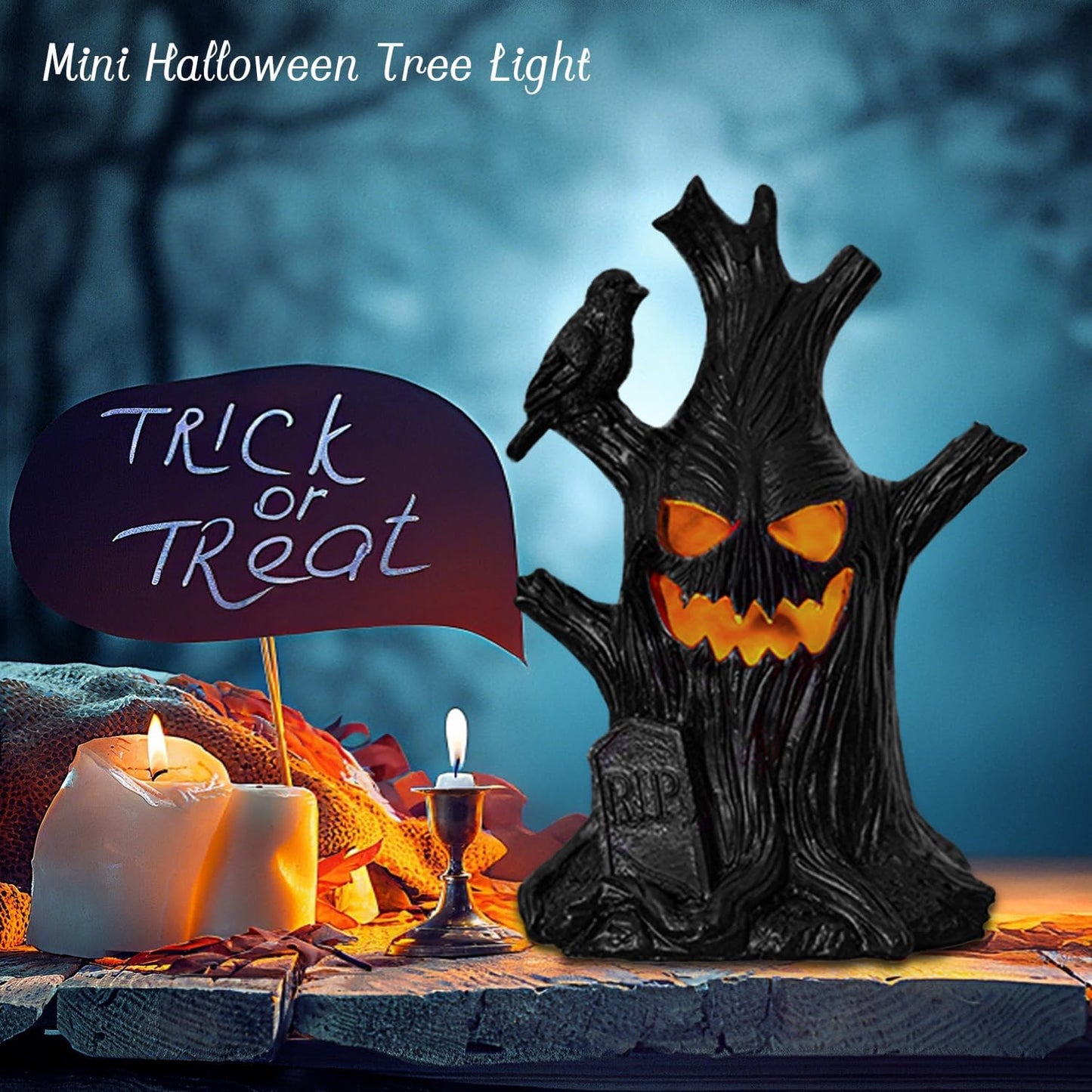 Lifnatty Halloween Tree Light Decoration Indoor – LED Battery Operated Scary Tree Decor with Glowing Face, Halloween Decoration for Home Party Table Haunted House