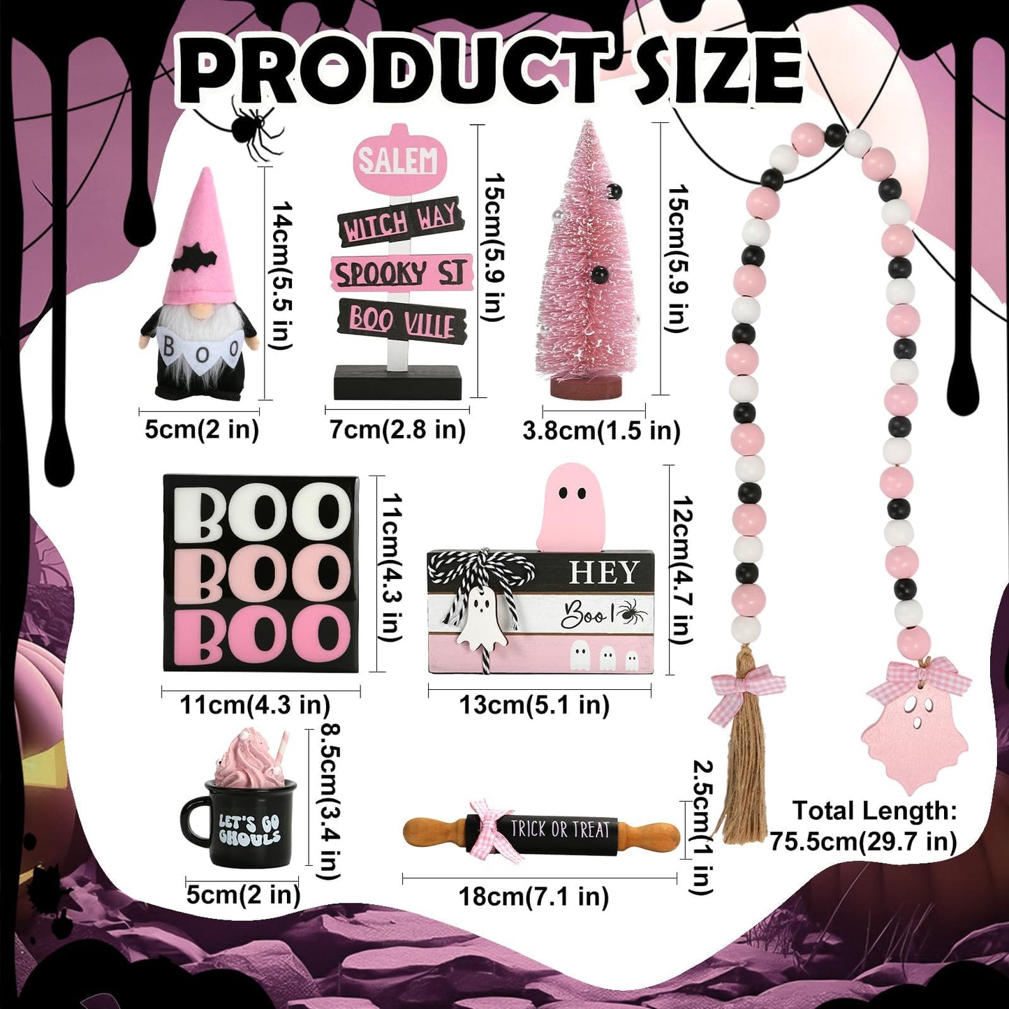 Pink Halloween Decorations 8PCS Tiered Tray Decor, Cute Girlie Tabletop Halloween Decor for Home Office Tray Shelf Mantel Office Table Centerpieces Farmhouse Rustic Spooky Wood Signs