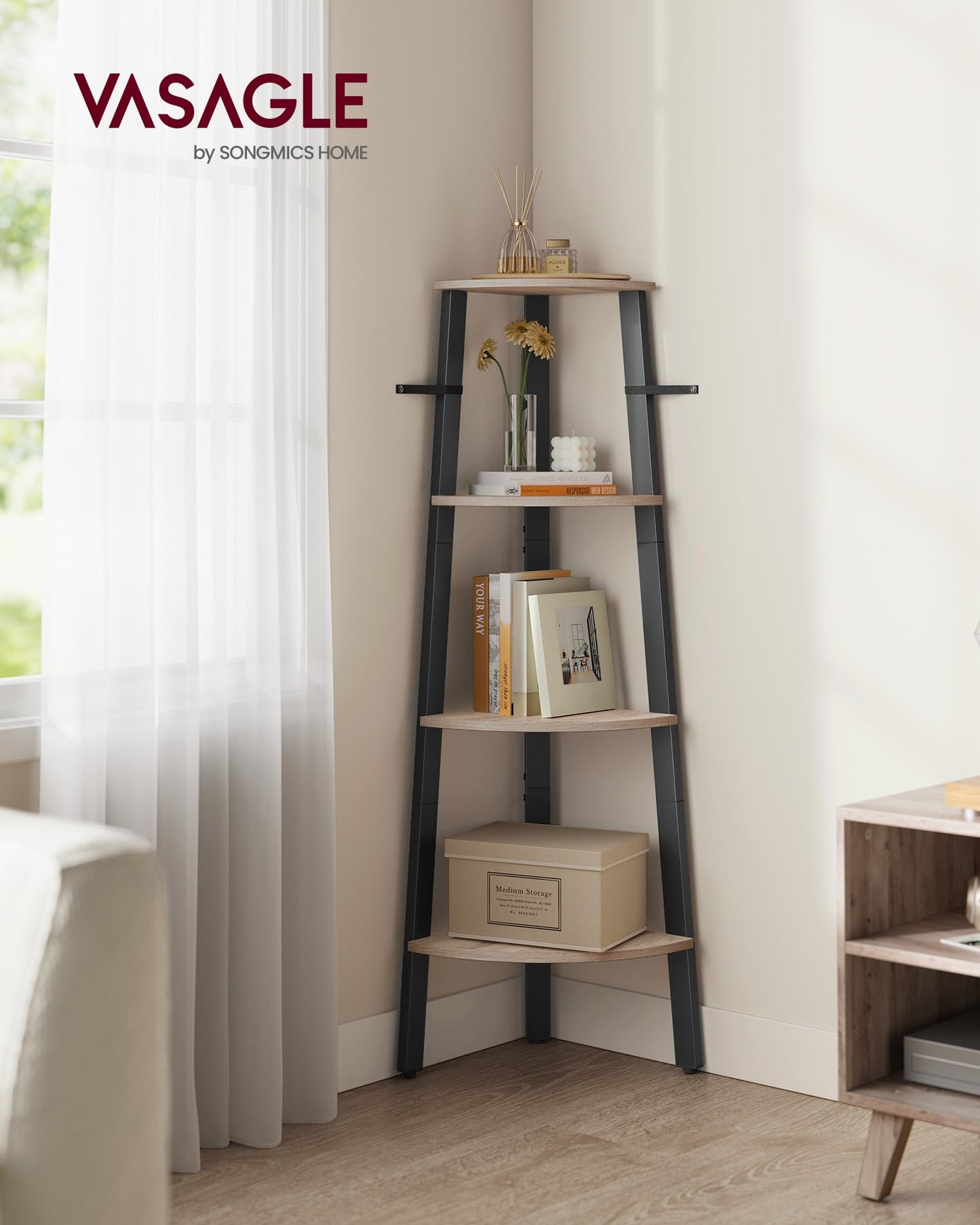 VASAGLE Corner Shelf Stand, 4-Tier Corner Bookshelf, Industrial Ladder Shelf, Plant Stand for Living Room, Office, Kitchen, Greige and Black ULLS034M01