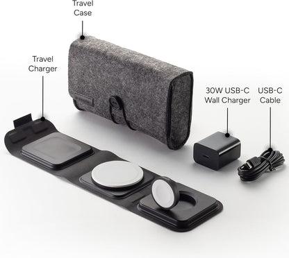 Mophie 3-in-1 Travel Charger with MagSafe - Portable Wireless Charging Hub, Compatible w/Apple Devices, iPhone 17/16/15/14/13/12 Series, Apple Watch Series 11 to 1 & Ultra, AirPods Pro/3rd Gen, Black