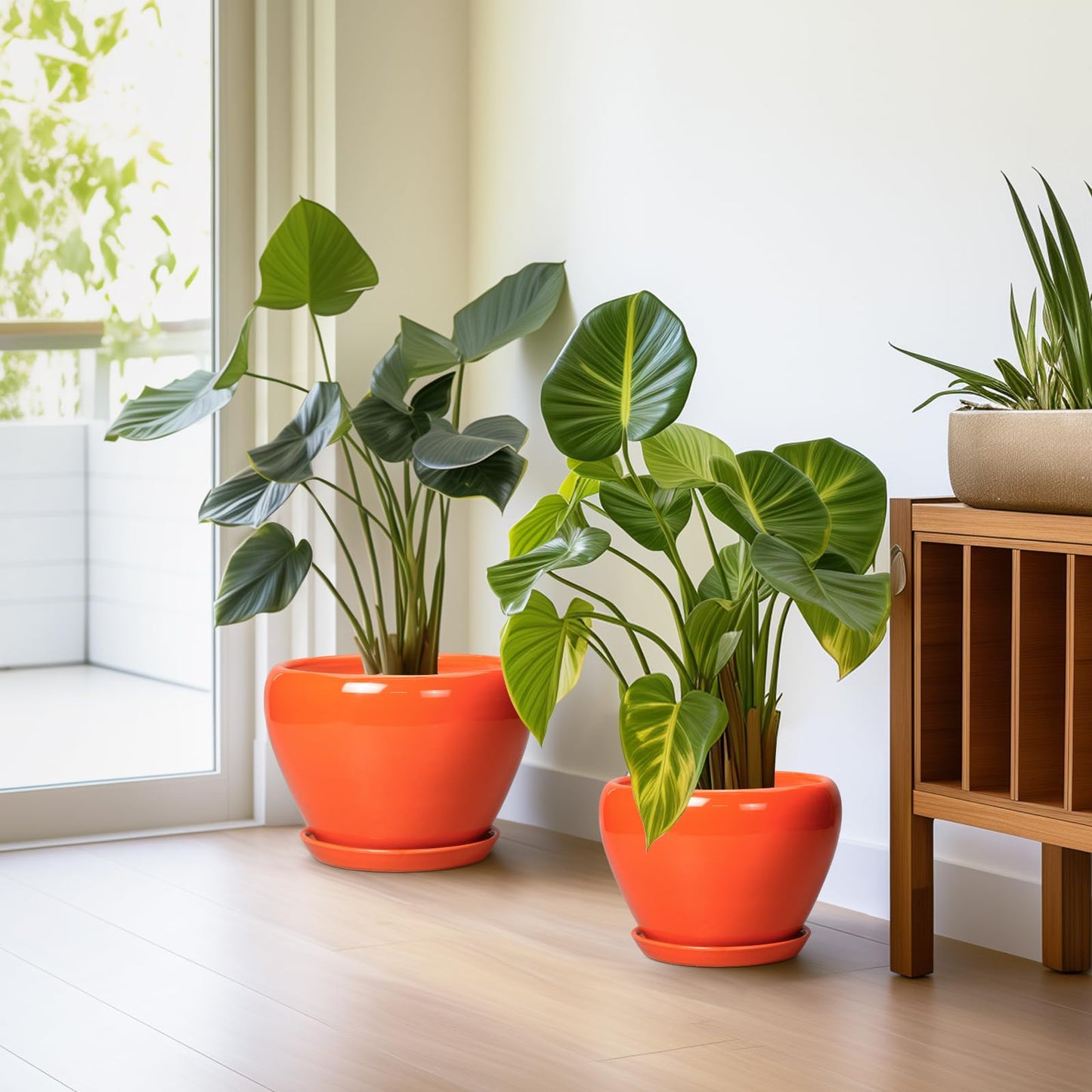 EPFamily Ceramic Planter - 10 Inch 8 Inch 6 Inch Plant Pot with Drainage Holes and Saucers, Round Planters for Indoor Outdoor, Modern Flower Pots, House Garden Room Decor, Gardening Gifts, Orange