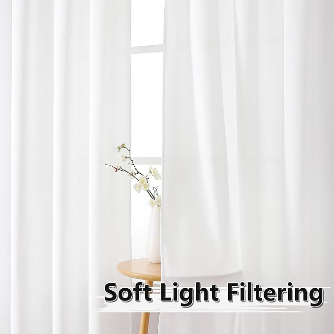 Tollpiz Linen Curtain Bedroom Rod Pocket Semi Sheer Curtains Burlap Light Filtering Thick Linen Drape for Living Room, 54 x 63 inches Long, White, Set of 2 Panels