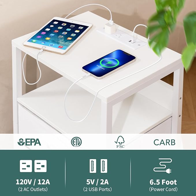 Yoobure Nightstand with Charging Station, LED Night Stand with Fabric Drawers