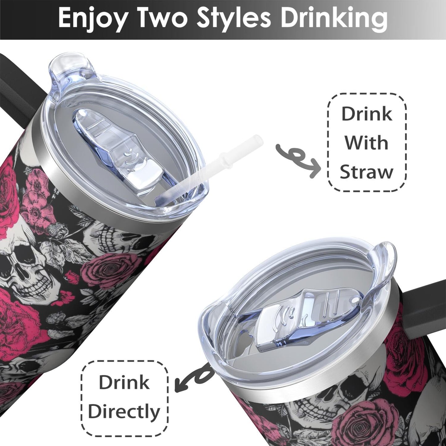 Kearscupra 30oz Skull Tumbler with Handle and Straw,Skeleton Gothic Floral Stainless Steel Insulated Cup with Lid and Straw,Travel Coffee Mug Water Bottle,Halloween Birthday Gifts for Women Men