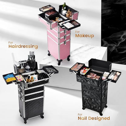 Stagiant Rolling Makeup Train Case Cosmetology Case on Wheels 4 in 1 Large Cosmetic Organizer Box Makeup Travel Case with Key Swivel Wheels Nail Artist Salon Storage Traveling Cart Big Trunk Pink