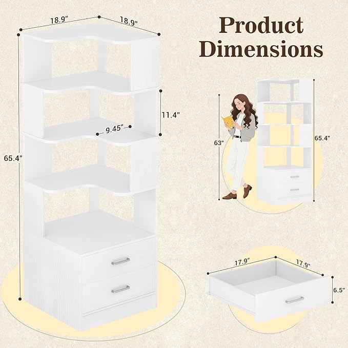 Armocity Corner Bookshelf with Drawers, 7 Tier Corner Book Shelf Display