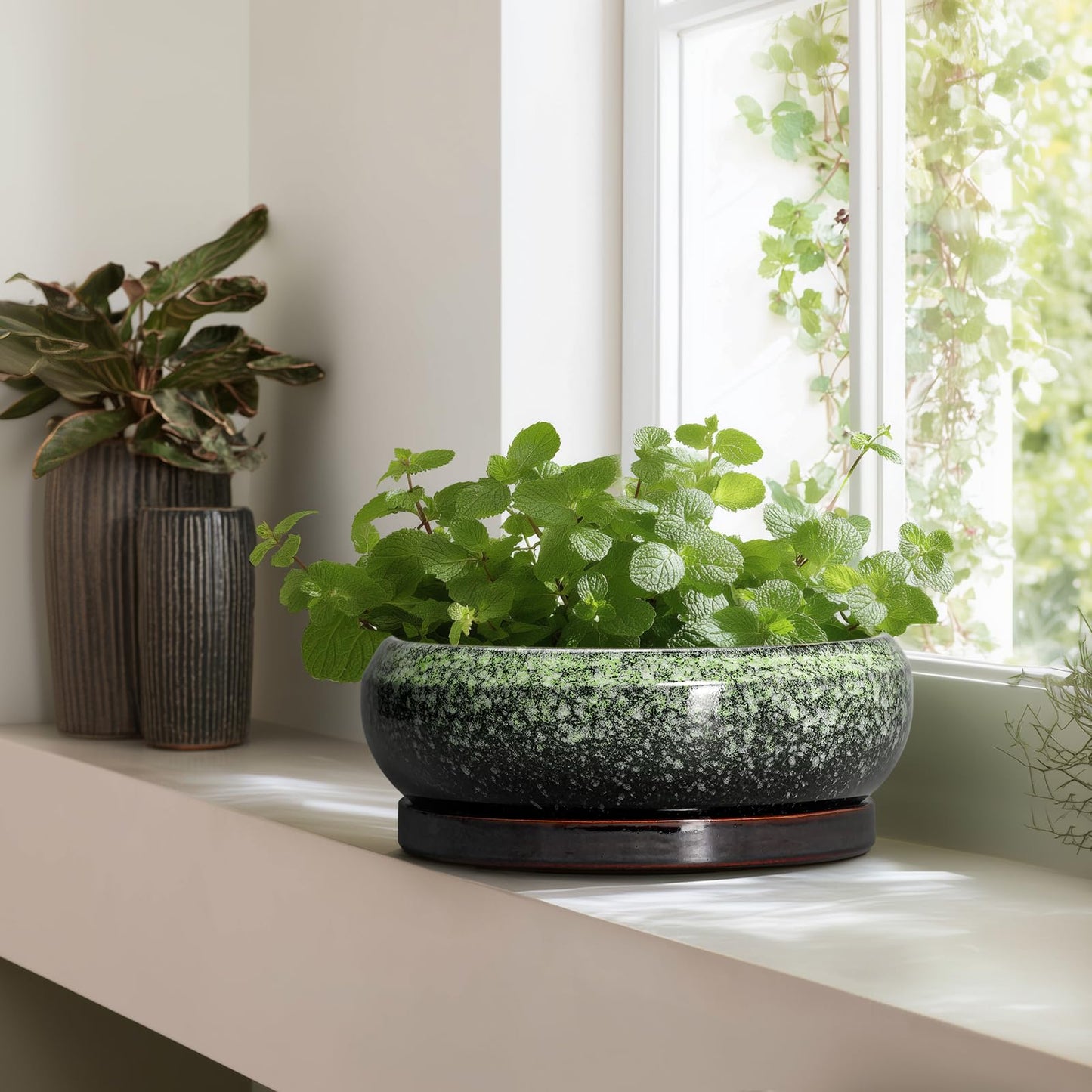 EPFamily Bonsai Pots - 13 Inch Ceramic Succulent Planters Indoor, Round Shallow Planter with Drainage Hole and Saucer, Large Succulent Pot, Bowl Planter Outdoor, House Decor, Housewarming Gift, Green