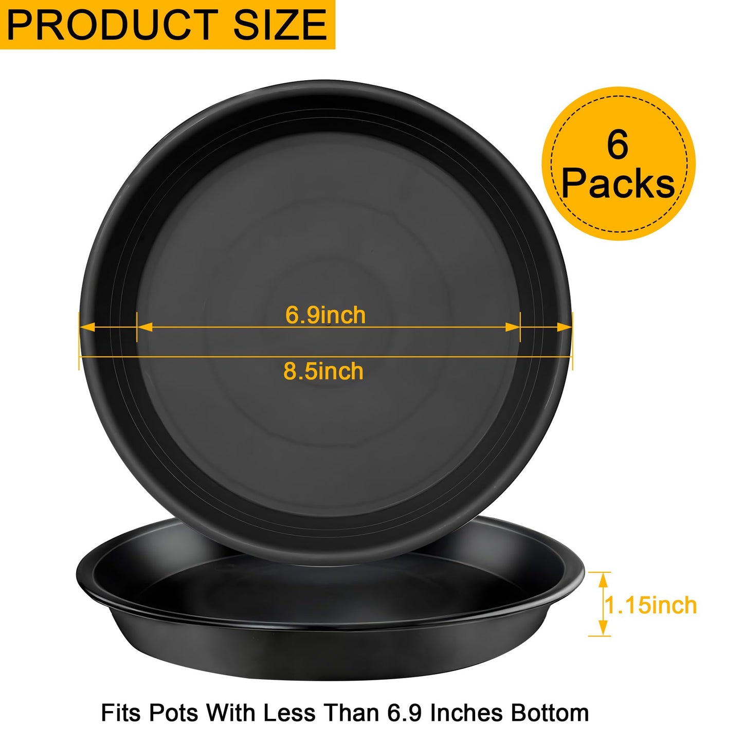 WYIPOLZI 6 Pack 8 Inch Plant Saucers Tray,Heavy Duty Plastic Plant Trays Drip Plates for Home & Garden Potted Plants, Water Trays Saucers for Pots Planter, Indoor&Outdoor Use,Black