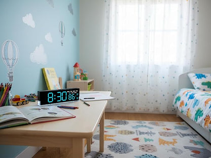 zyzamay 7 Inch Modern LED Digital Alarm Clock with Dual Alarms & Soft Bottom Light｜Displays Time, Date, Day, Temperature｜3-Level Auto/Manual Brightness, DST, USB or Battery Powered Desk Clock,Blue
