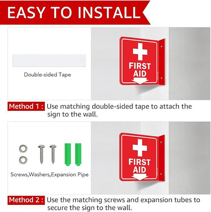 GicnKeuz First Aid Sign, 6" x 6" First Aid with Cross Symbol, Two-Sided Acrylic L-Sign for Business or Office or Wall Décor, Including Screws, Easy to Install (4 Pack)