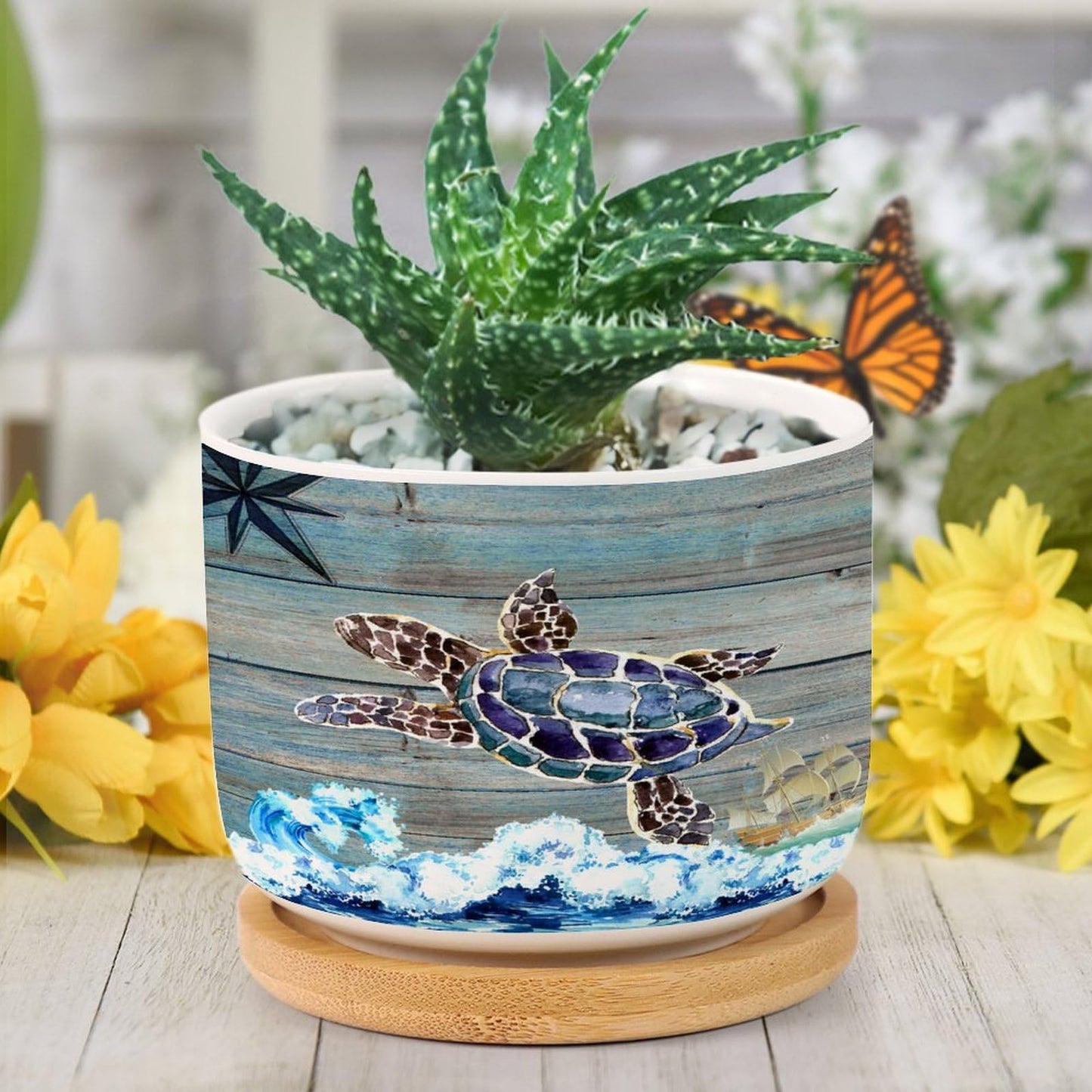 DreamAutumn Ocean Theme Sea Turtle Ceramic Pots for Plants with Drainage Holes Round Flower Pot Bamboo Tray Orchid Pot Succulents Pots for Outdoor Indoor Plants,Housewarming Gifts