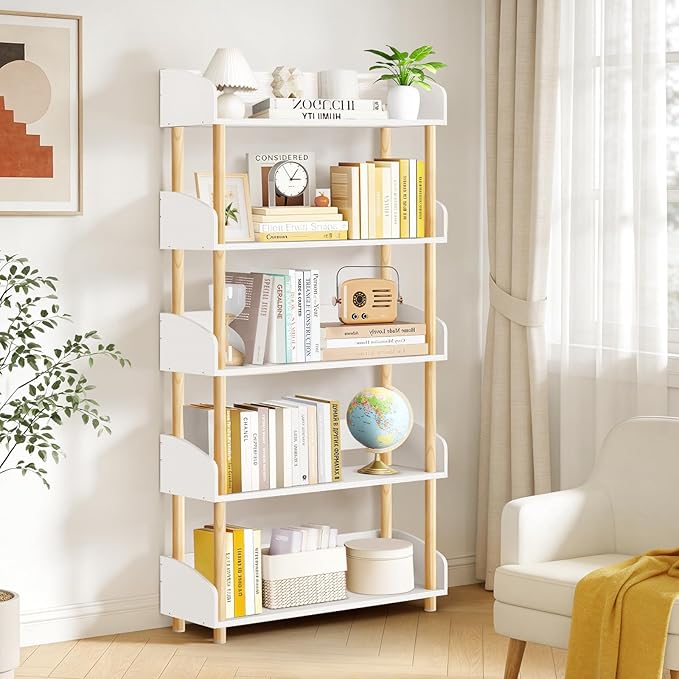 5-Tier Wooden Bookshelf, Modern Open Bookcase