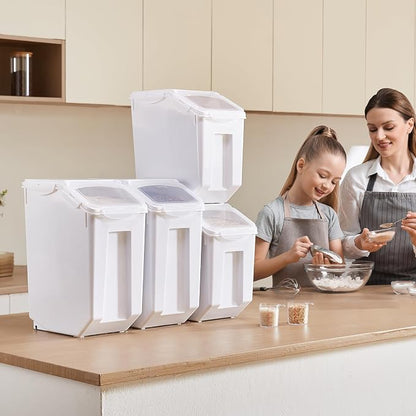 VEVOR Rice Storage Container, 3.5Gal/15Lx2 + 4.5Gal/20Lx2 Large Dog Food Dispenser Bin, Kitchen Ingredient Grain Cereal Bin, Pet food Containers with Wheels, 4 Measuring Cups, Airtight Lid, 4 Pack