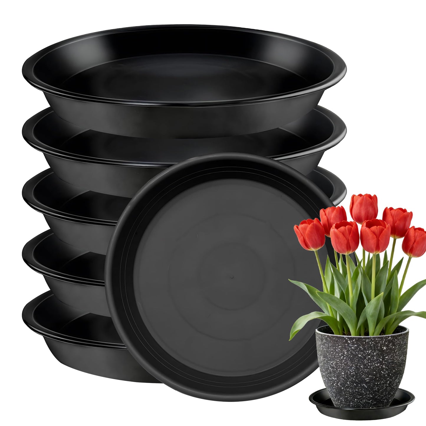 WYIPOLZI 6 Pack 12 Inch Plant Saucers Tray, Heavy Duty Plastic Plant Trays Drip Plates for Home & Garden Potted Plants, Water Trays Saucers for Pots Planter, Indoor Outdoor Use,Black
