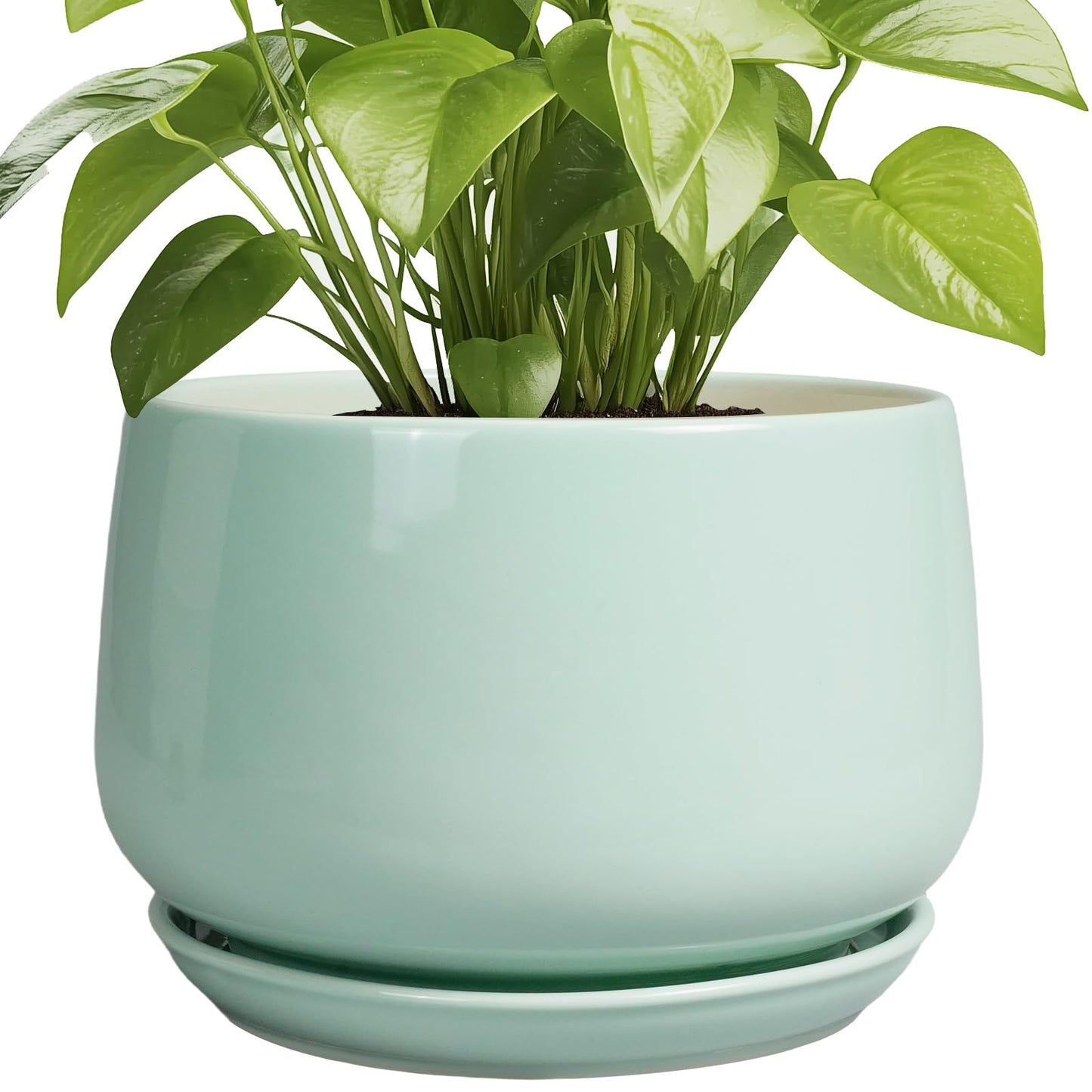 G EPGardening Ceramic Pots for Plants - 9 Inch Ceramic Planter with Drainage and Saucer, Round Planter for Indoor Outdoor Plants, Modern Flower Pots, Garden Decor, Birthday Gifts, Green