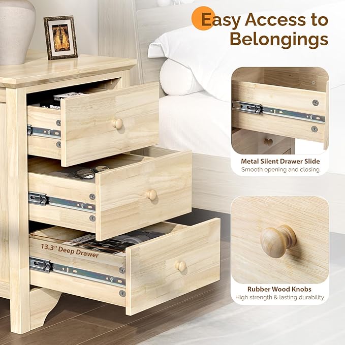 Bonnlo Unfinished Rubber Wood Night Stand Set 2