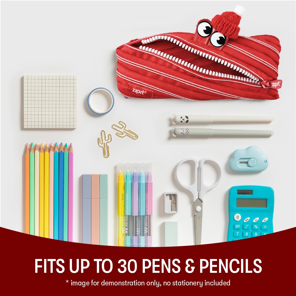 ZIPIT Monster Pencil Case for Kids, One Long Zipper Pencil Pouch, Gift-Ready Stationery Bag for Boys & Girls, Red