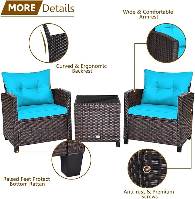 HAPPYGRILL 3 Pieces Patio Conversation Set, Outdoor Furniture Set PE Rattan