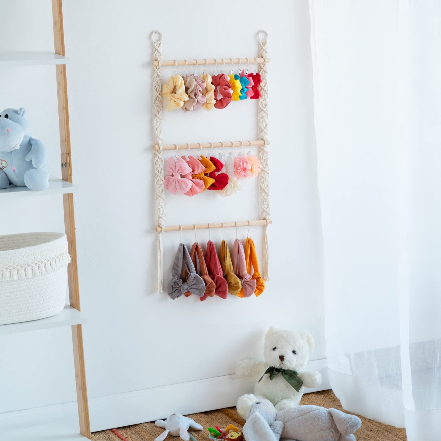 Dahey Hanging Jewelry Organizer Macrame Necklace Holder with 30 Hooks and Headband Holder with 30 Hooks Boho Decor for Baby Girls Room