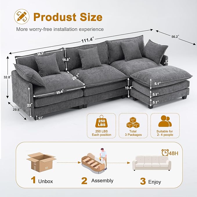 111.4" L-Shaped Cloud Chenille Sofa Sectional Couch