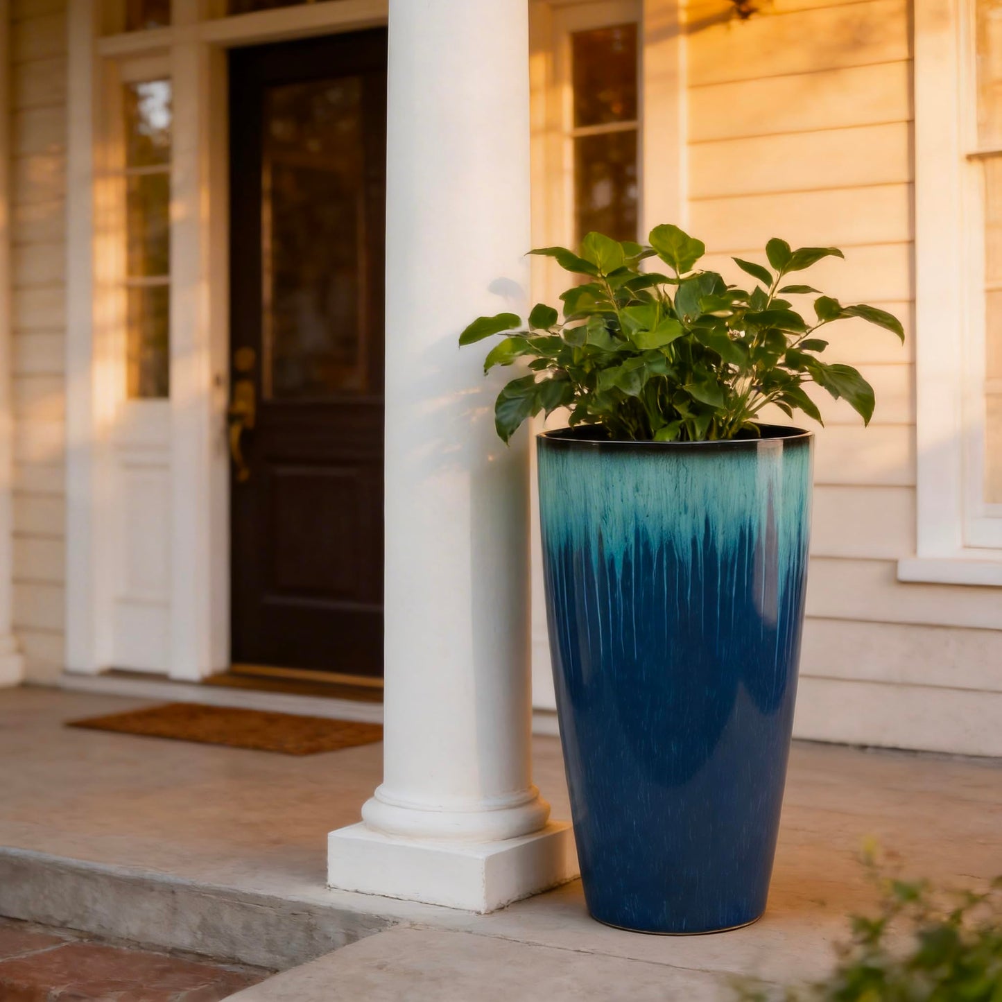 LESOASIS 21 inch Tall Planter, Set of 2 Tall Planters for Outdoor & Indoor Plants, Large Outdoor Planters for Front Porch, Patio, Garden (Blue Flowing Glaze)