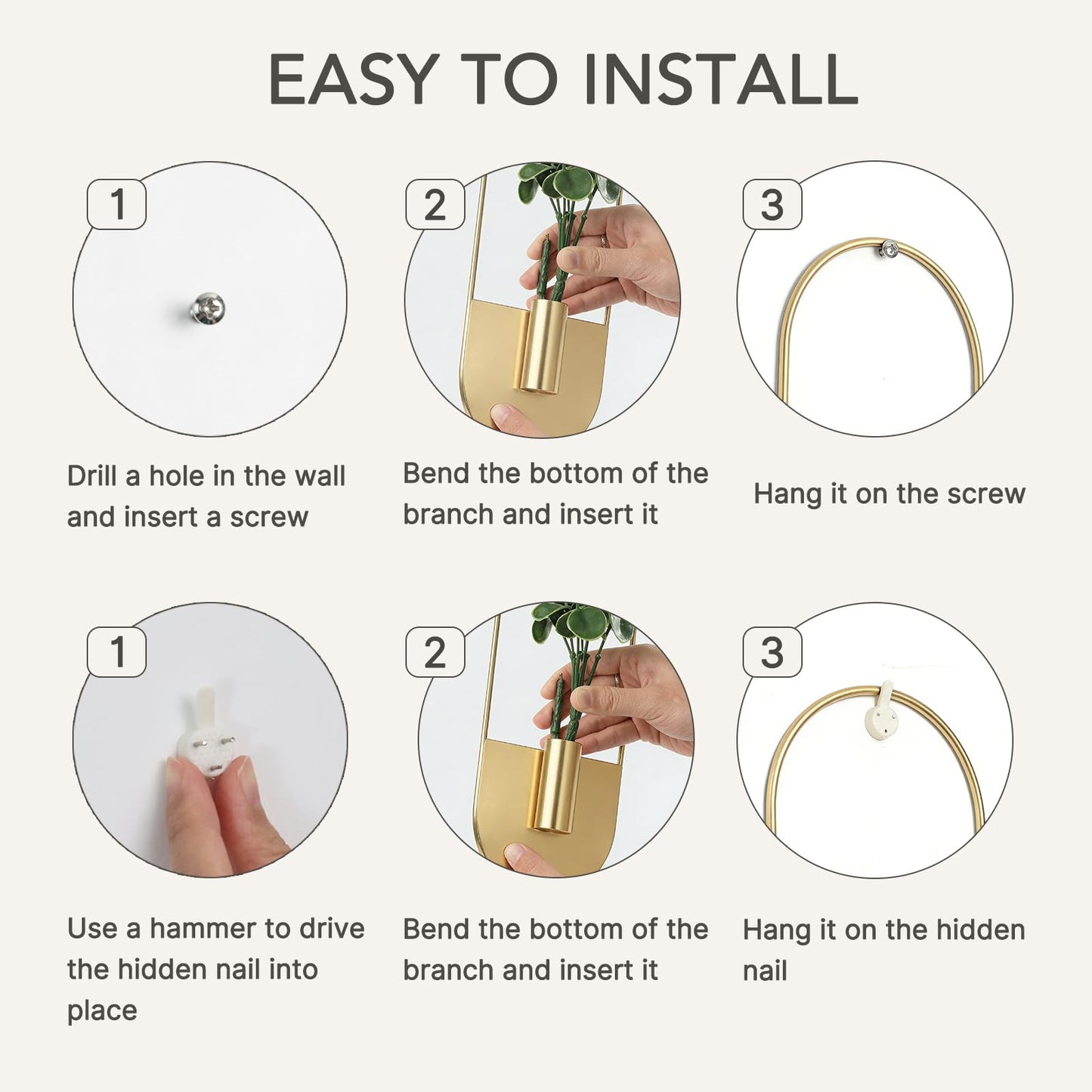 Nacidooka 2 Pcs Boho Wall Decor Hanging Planters with Artificial Eucalyptus Wall Plant Holder for Indoor Plants, Metal Hanging Vase Modern Art for Home Bathroom Living Room Hallway Office(Gold)